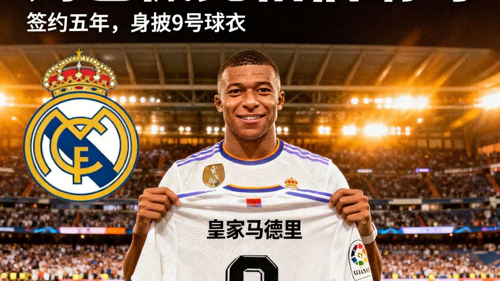 转会新闻：姆巴佩亮相伯纳乌，签约五年，身披9号球衣